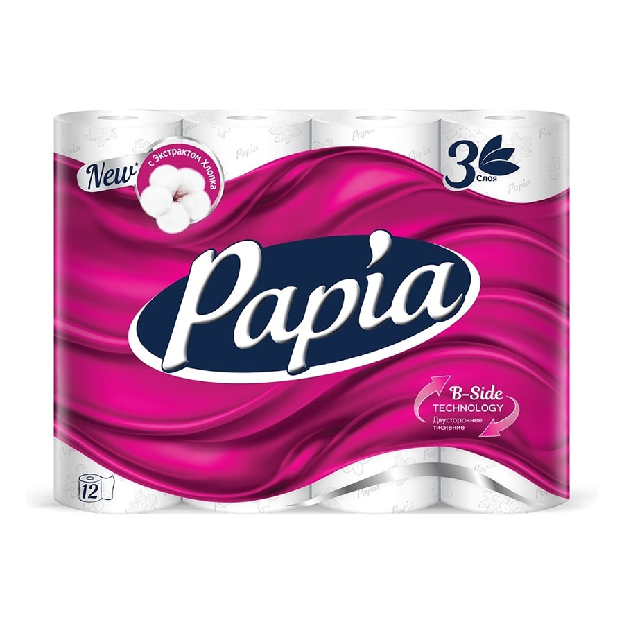 Papia туалетная бумага 3-слойный 12 шт, первичная целлюлоза